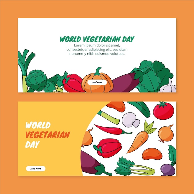 Conjunto de banners horizontales dibujados a mano del día mundial del vegetariano