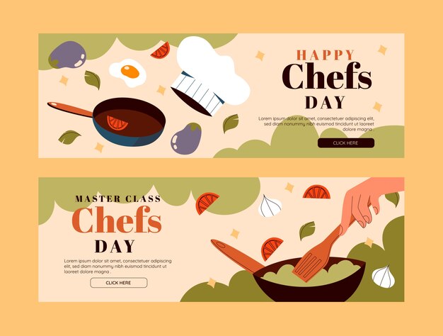 Conjunto de banners horizontales de diseño plano del día internacional de los chefs