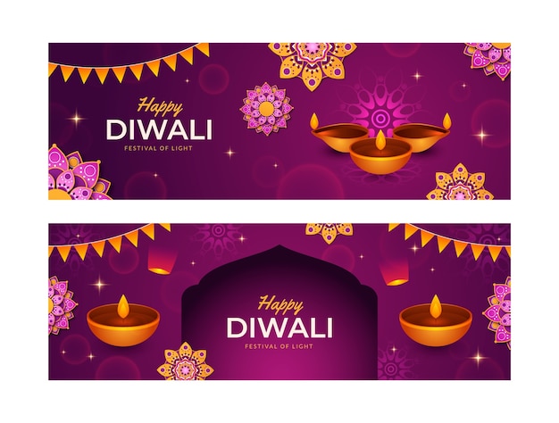 Conjunto de banners horizontales de diwali degradado