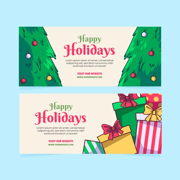 Conjunto de banners horizontales felices fiestas dibujadas a mano