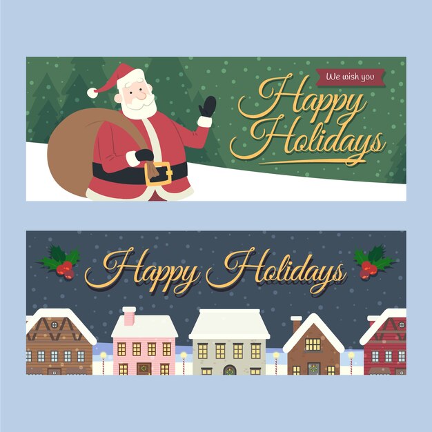 Conjunto de banners horizontales felices fiestas planas dibujadas a mano