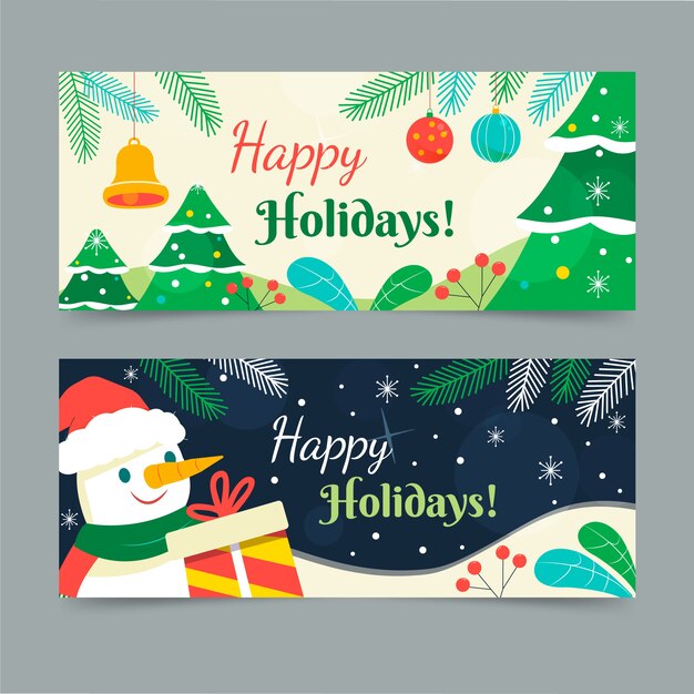 Conjunto de banners horizontales felices fiestas planas dibujadas a mano