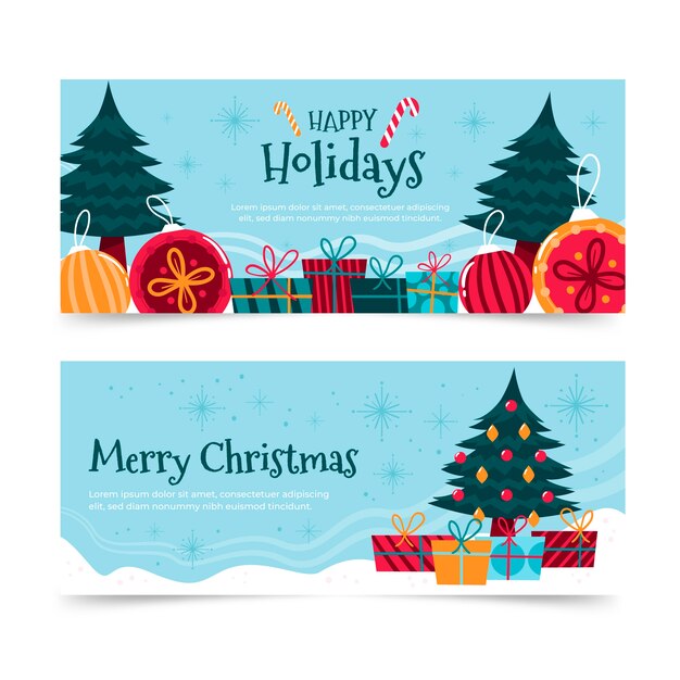 Conjunto de banners horizontales felices fiestas planas dibujadas a mano