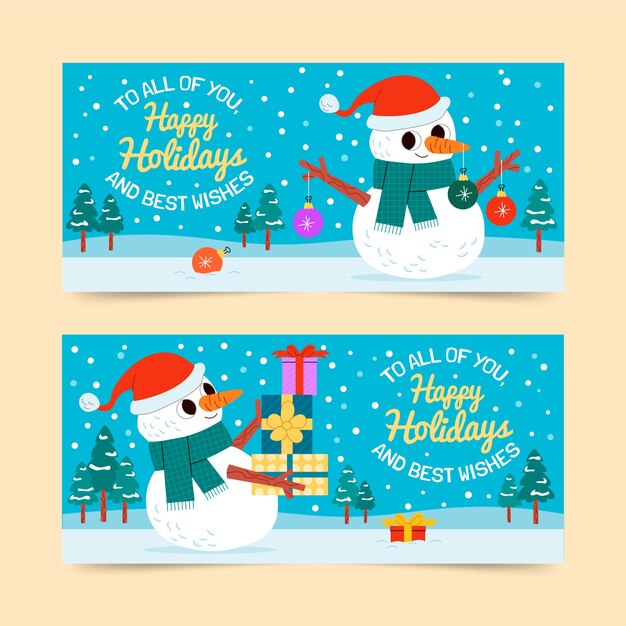 Conjunto de banners horizontales felices fiestas planas dibujadas a mano