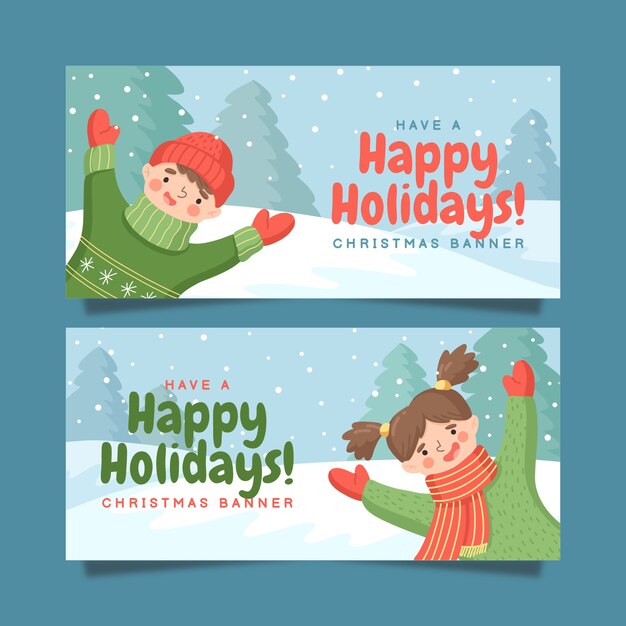 Conjunto de banners horizontales felices fiestas planas dibujadas a mano
