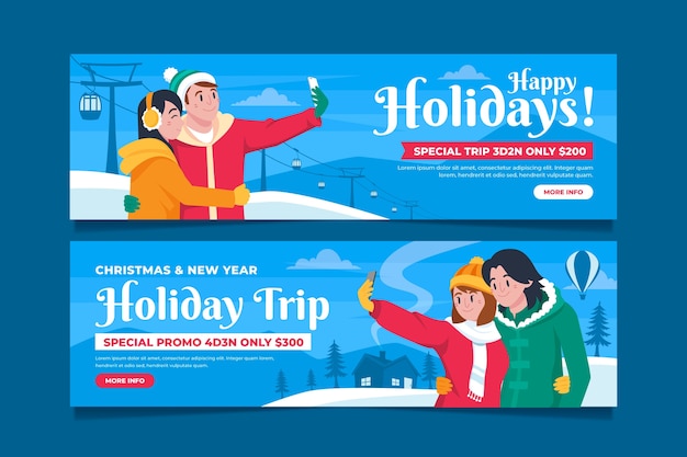 Conjunto de banners horizontales felices fiestas planas dibujadas a mano