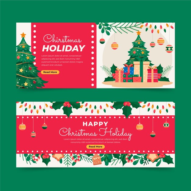 Conjunto de banners horizontales felices fiestas planas dibujadas a mano