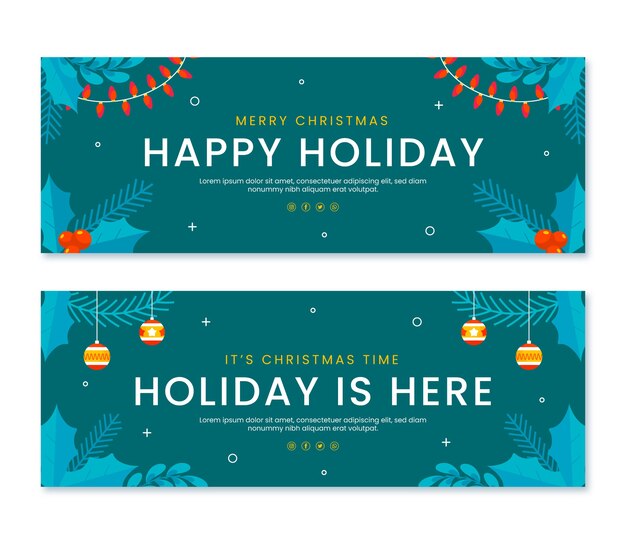 Conjunto de banners horizontales felices fiestas planas dibujadas a mano