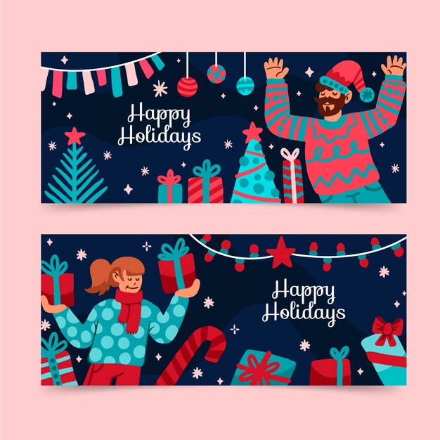 Conjunto de banners horizontales felices fiestas planas dibujadas a mano