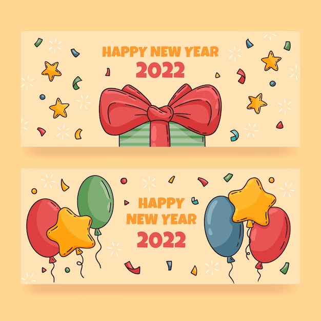 Conjunto de banners horizontales feliz año nuevo 2022 dibujados a mano