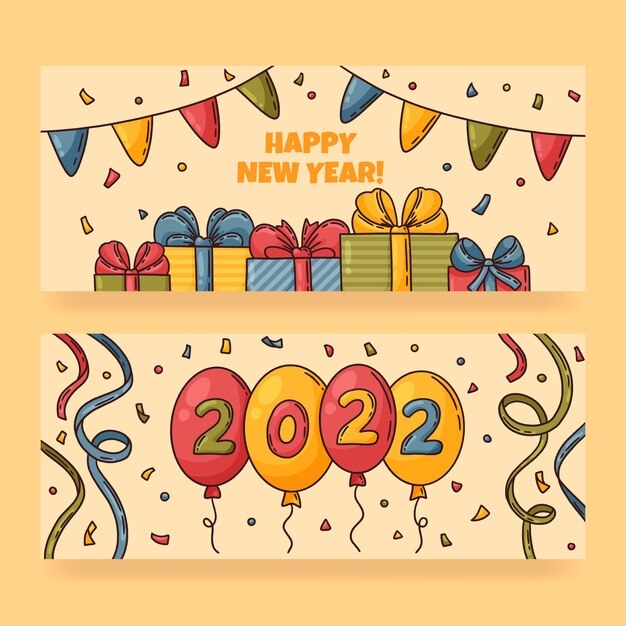 Conjunto de banners horizontales feliz año nuevo 2022 dibujados a mano