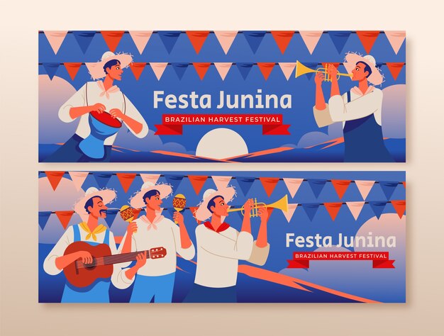 Conjunto de banners horizontales de festas juninas planas