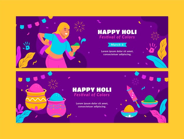 Conjunto de banners horizontales del festival holi plano
