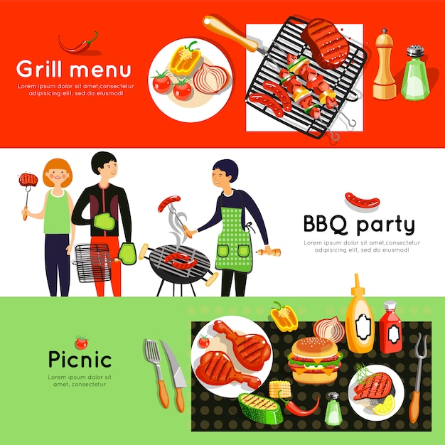 Vector gratuito conjunto de banners horizontales de fiesta de barbacoa