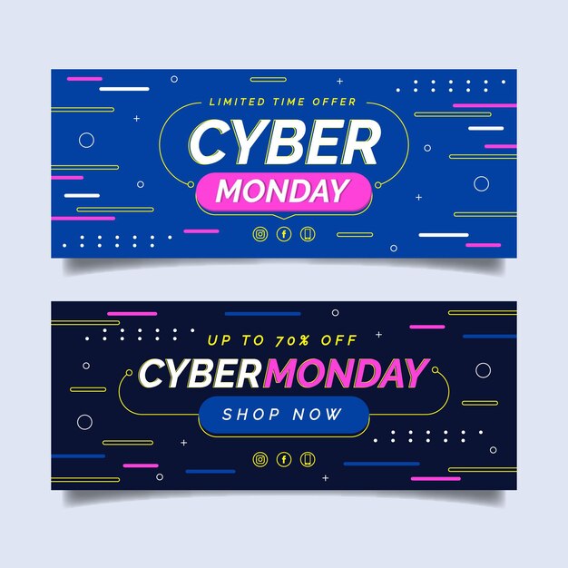 Conjunto de banners horizontales flat cyber monday