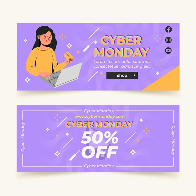 Conjunto de banners horizontales flat cyber monday