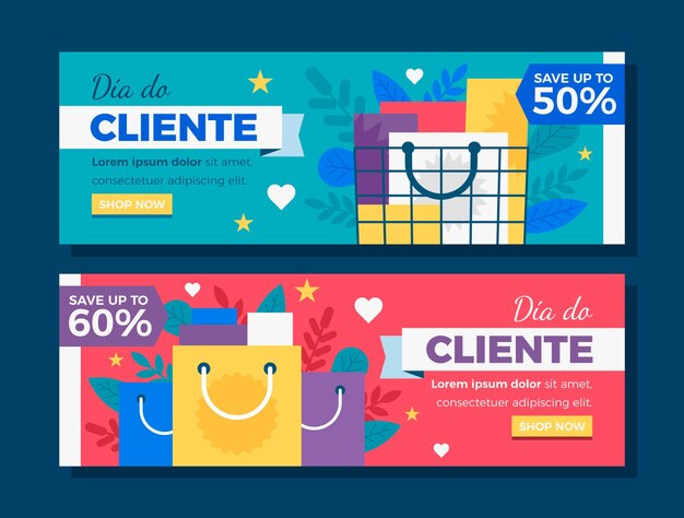 Conjunto de banners horizontales flat dia do cliente