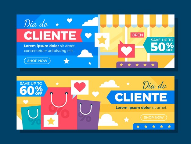 Conjunto de banners horizontales flat dia do cliente