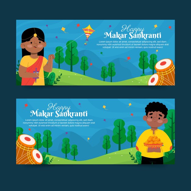 Conjunto de banners horizontales flat happy makar sankranti