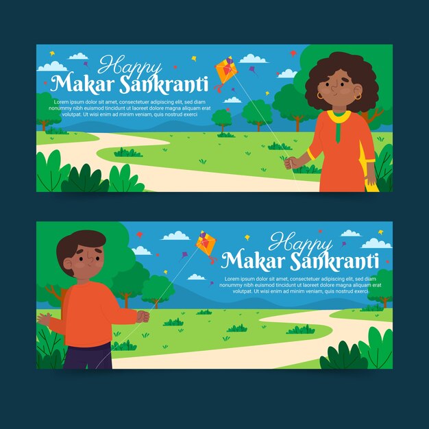 Conjunto de banners horizontales flat happy makar sankranti