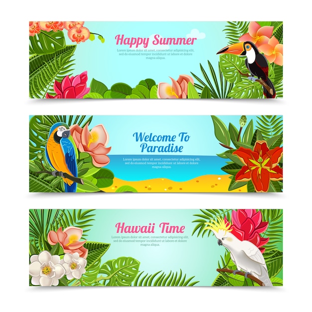 Conjunto de banners horizontales de flores de isla tropical