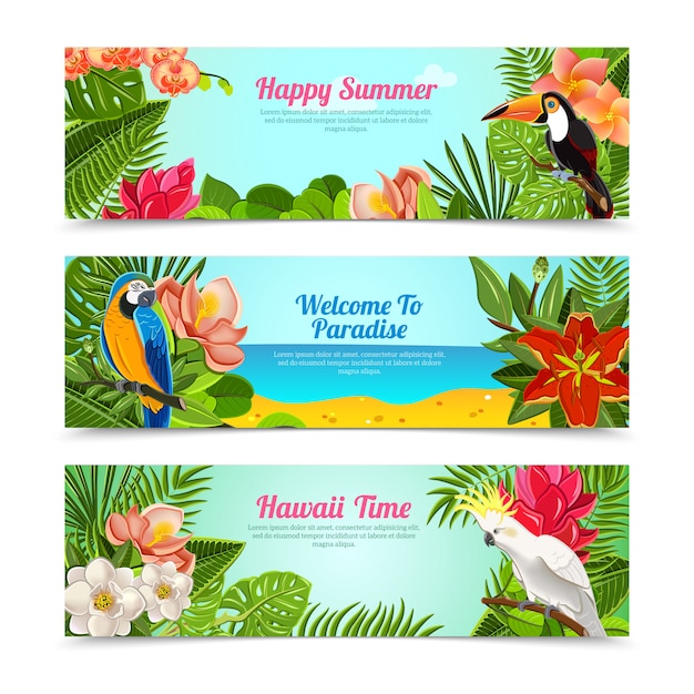 Vector gratuito conjunto de banners horizontales de flores de isla tropical