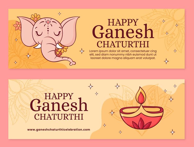 Conjunto de banners horizontales de ganesh chaturthi dibujados a mano