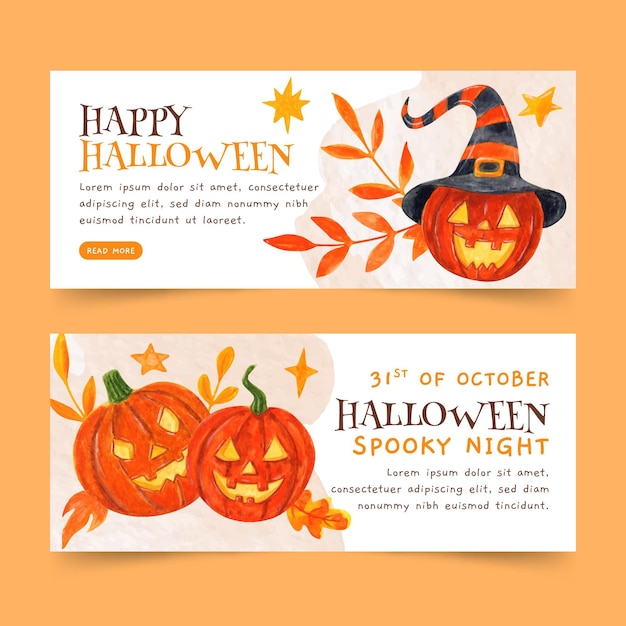 Conjunto de banners horizontales de halloween en acuarela