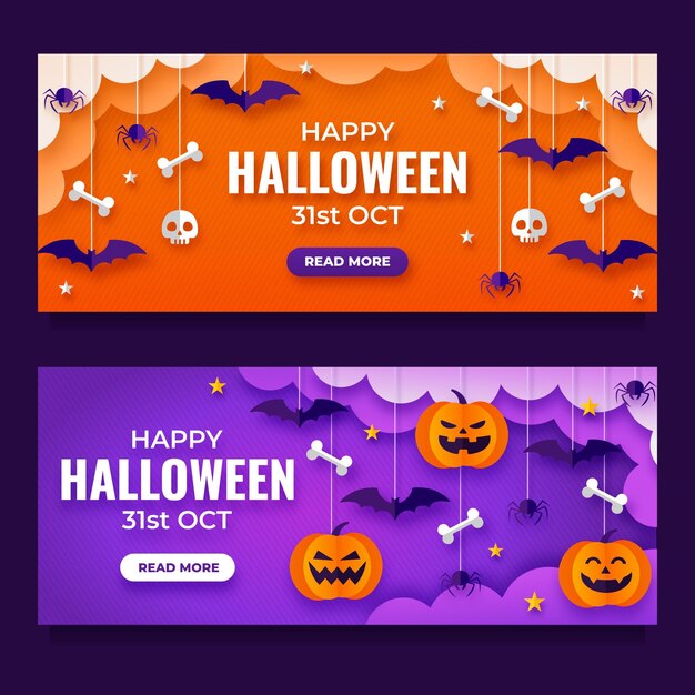 Conjunto de banners horizontales de halloween estilo papel