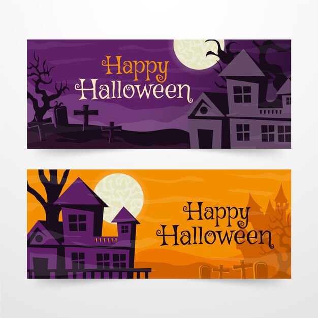 Conjunto de banners horizontales de halloween planos dibujados a mano