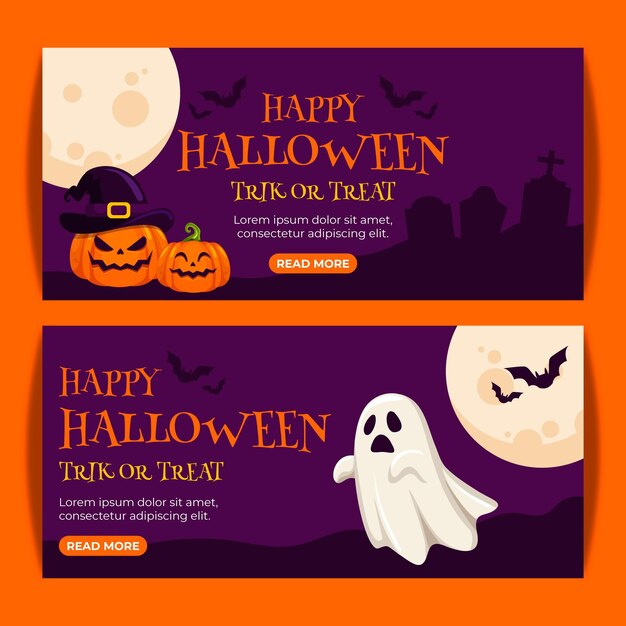 Conjunto de banners horizontales de halloween planos dibujados a mano
