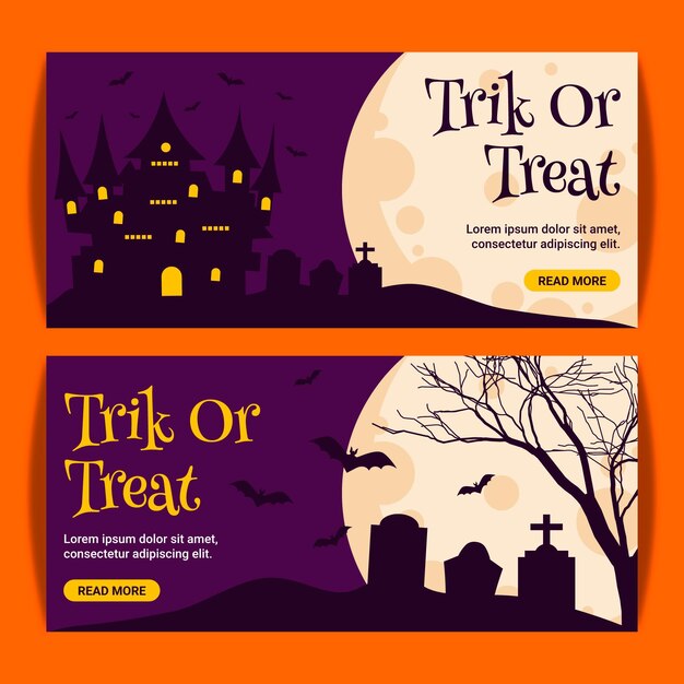 Conjunto de banners horizontales de halloween planos dibujados a mano