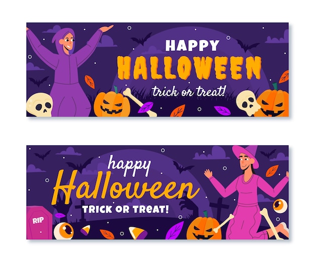 Vector gratuito conjunto de banners horizontales de halloween planos dibujados a mano