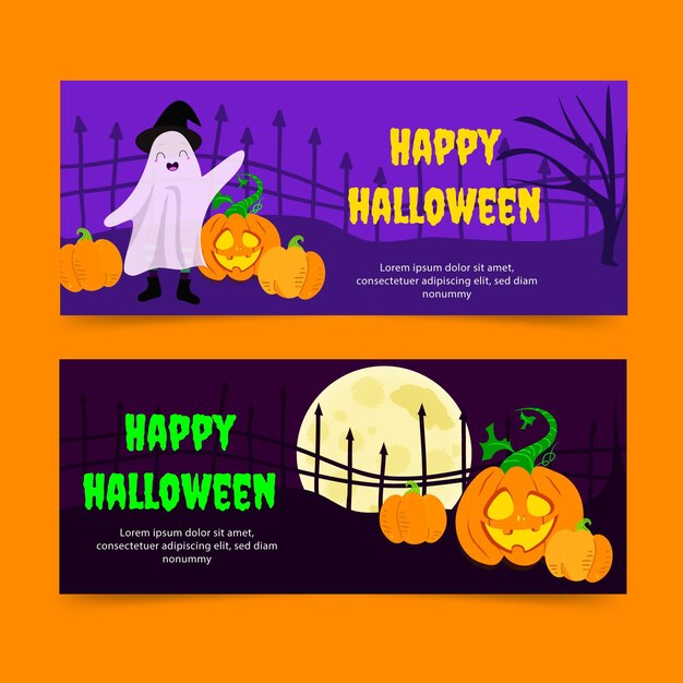 Conjunto de banners horizontales de halloween planos dibujados a mano