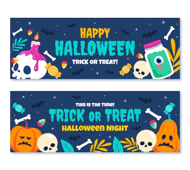 Conjunto de banners horizontales de halloween planos dibujados a mano