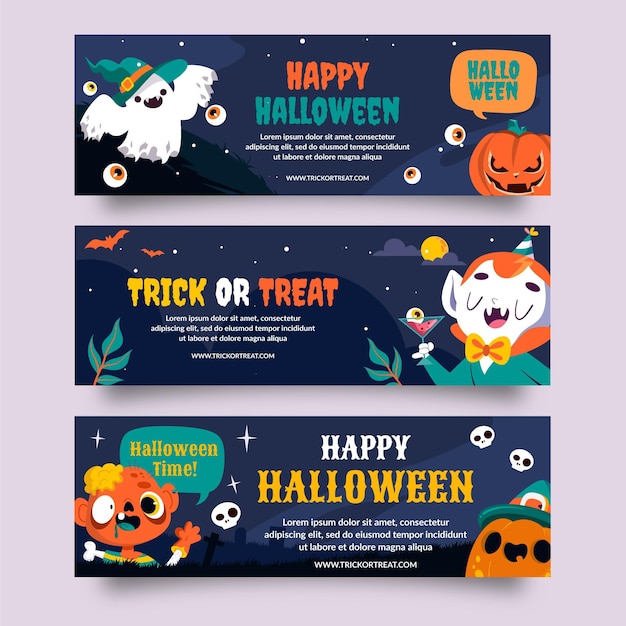 Conjunto de banners horizontales de halloween planos dibujados a mano