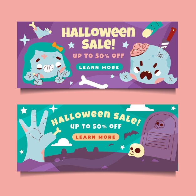 Conjunto de banners horizontales de halloween planos dibujados a mano