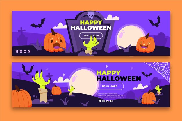 Conjunto de banners horizontales de halloween planos dibujados a mano