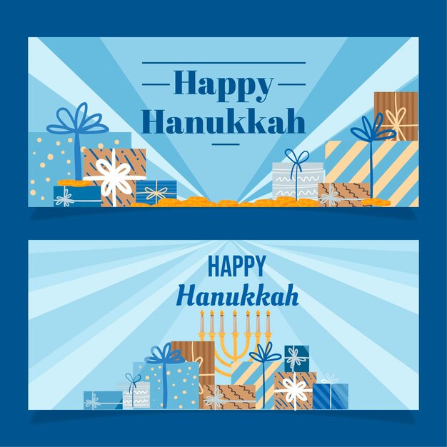 Conjunto de banners horizontales de hanukkah dibujados a mano