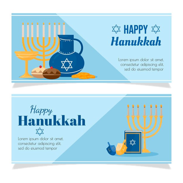 Conjunto de banners horizontales de hanukkah dibujados a mano