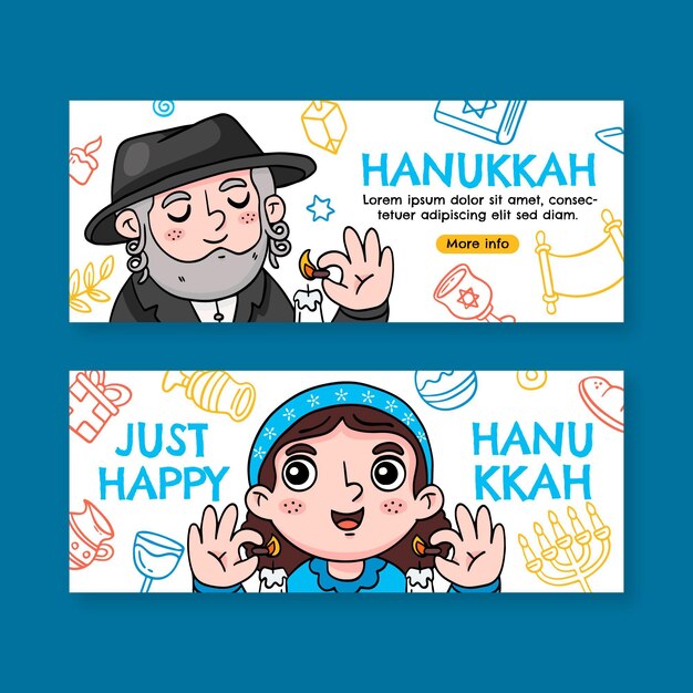 Conjunto de banners horizontales de hanukkah dibujados a mano