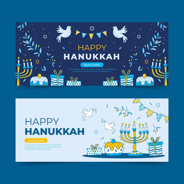 Vector gratuito conjunto de banners horizontales de hanukkah dibujados a mano