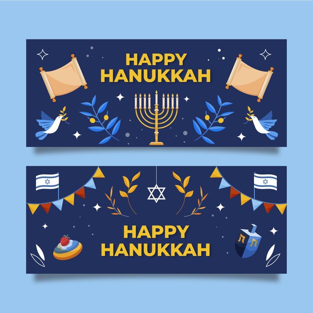 Conjunto de banners horizontales de hanukkah planos dibujados a mano