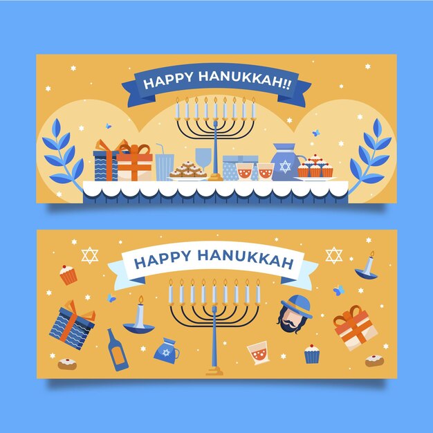Conjunto de banners horizontales de hanukkah planos dibujados a mano