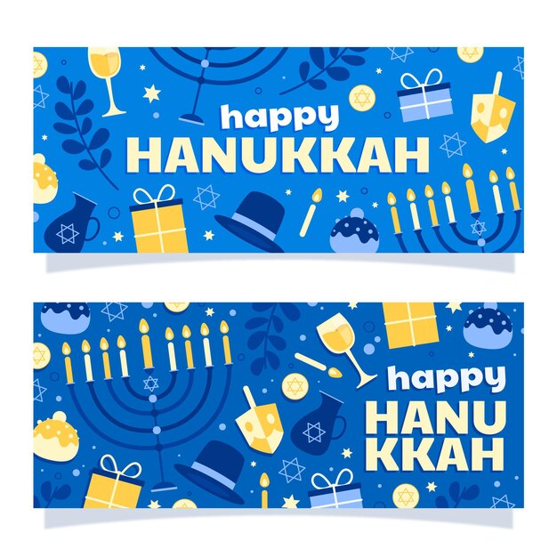 Vector gratuito conjunto de banners horizontales de hanukkah planos dibujados a mano