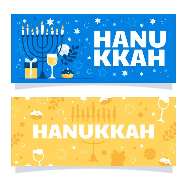 Conjunto de banners horizontales de hanukkah planos dibujados a mano