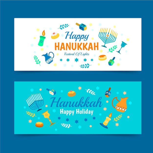 Conjunto de banners horizontales de hanukkah planos dibujados a mano