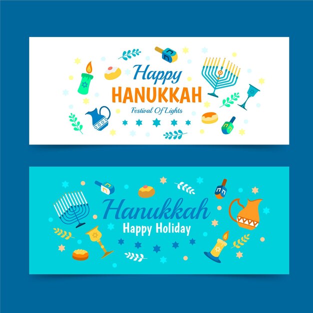 Conjunto de banners horizontales de hanukkah planos dibujados a mano