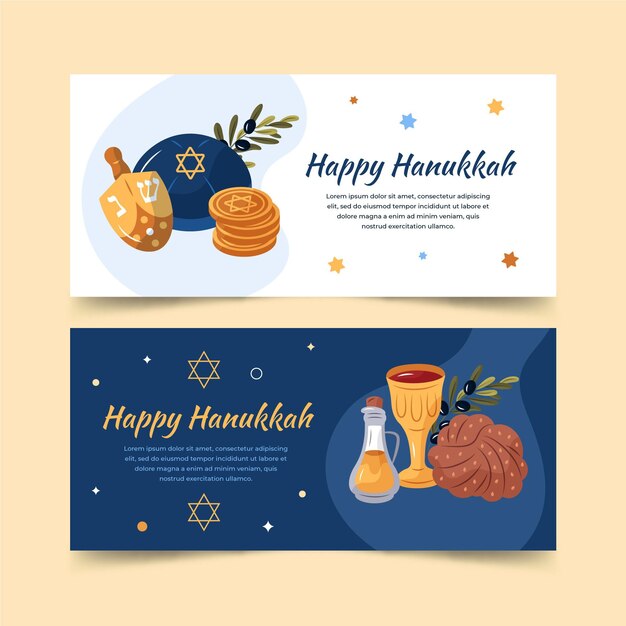 Conjunto de banners horizontales de hanukkah planos dibujados a mano