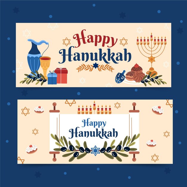 Conjunto de banners horizontales de hanukkah planos dibujados a mano